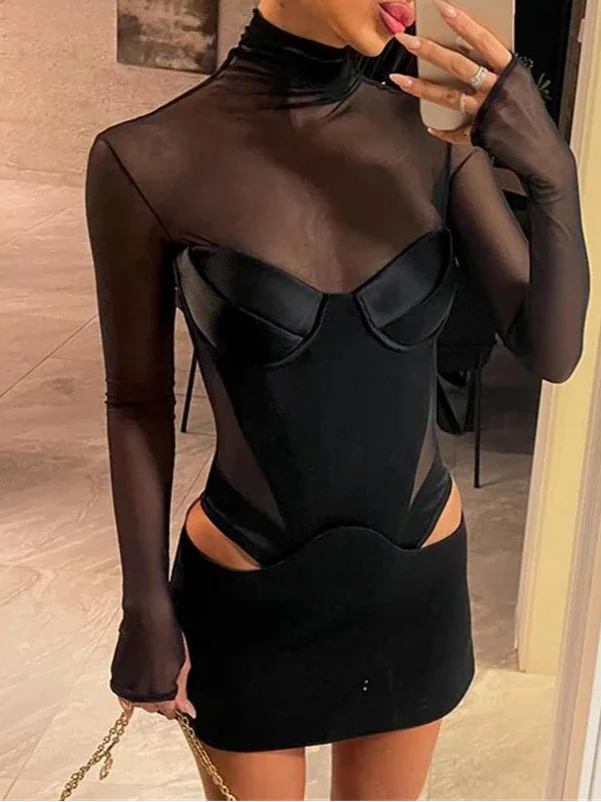 Sexy Cut-Out Mesh Patchwork Mini Dress for Women