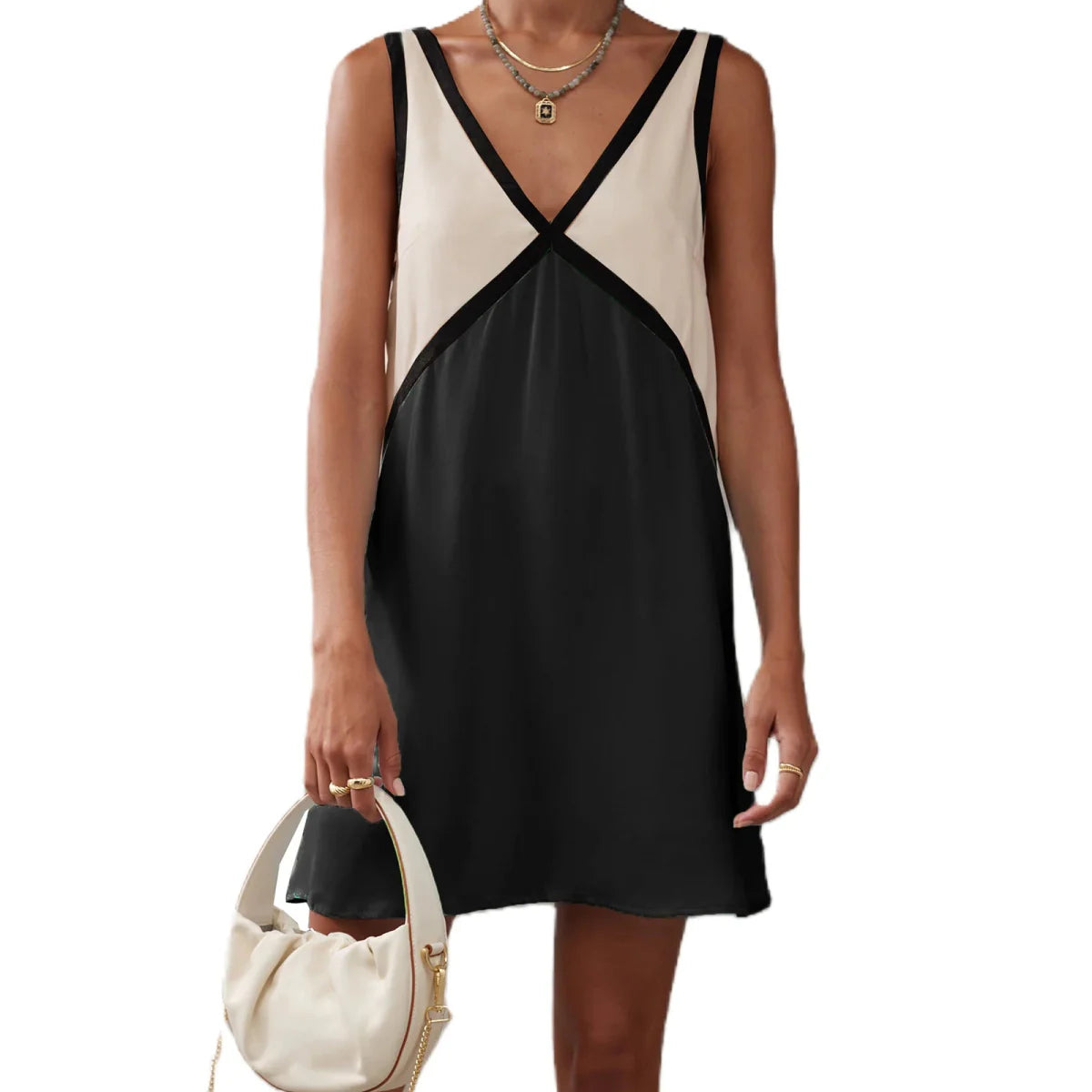 Sleeveless V-Neck Patchwork Mini Dress