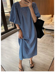 Square Neck Plaid Puff Sleeve Loose Casual Dress