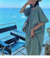 Square Neck Plaid Puff Sleeve Loose Casual Dress