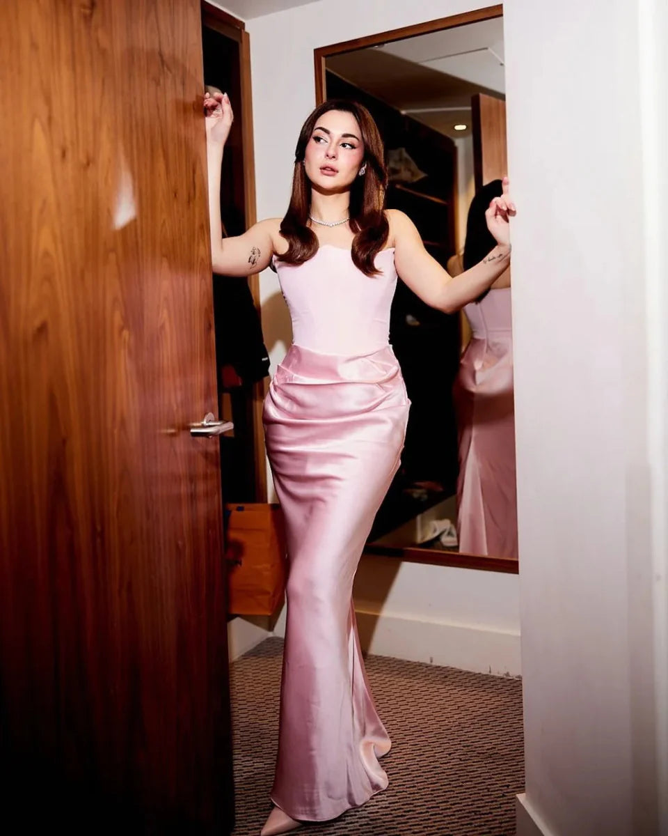 Strapless Pink Satin Maxi Dress