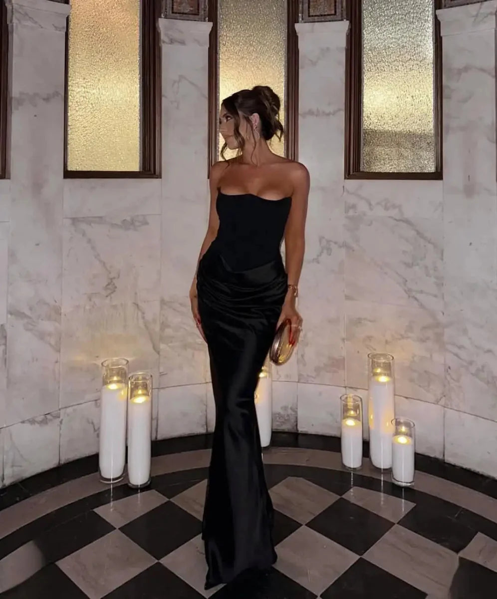 Strapless Pink Satin Maxi Dress