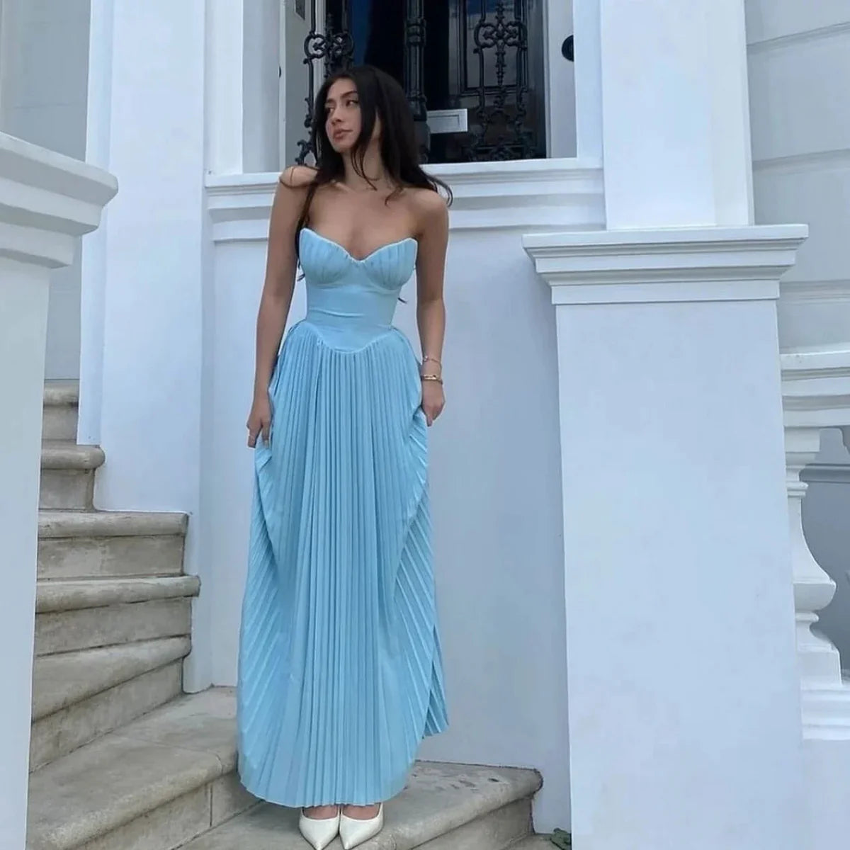 Strapless Pleated Maxi Dress
