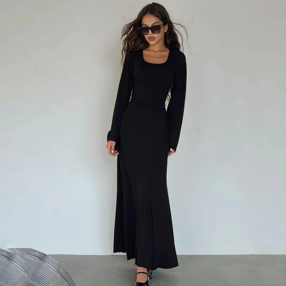 String Ribbed Long Sleeve Maxi Dress