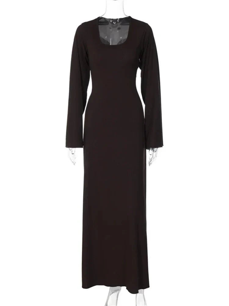 String Ribbed Long Sleeve Maxi Dress