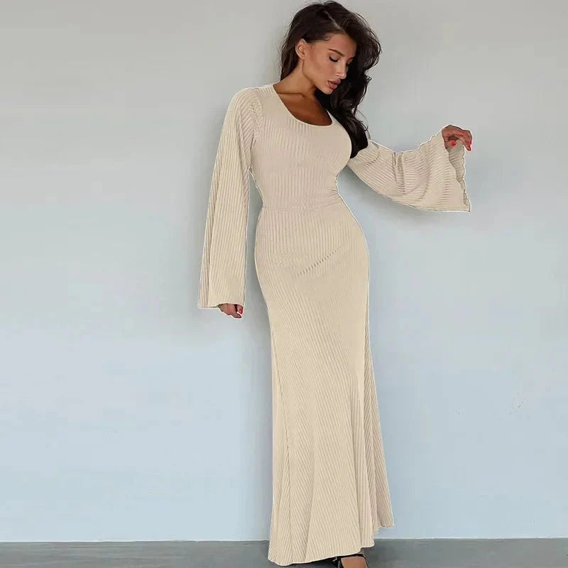 String Ribbed Long Sleeve Maxi Dress