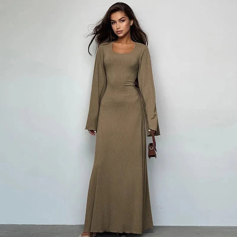 String Ribbed Long Sleeve Maxi Dress
