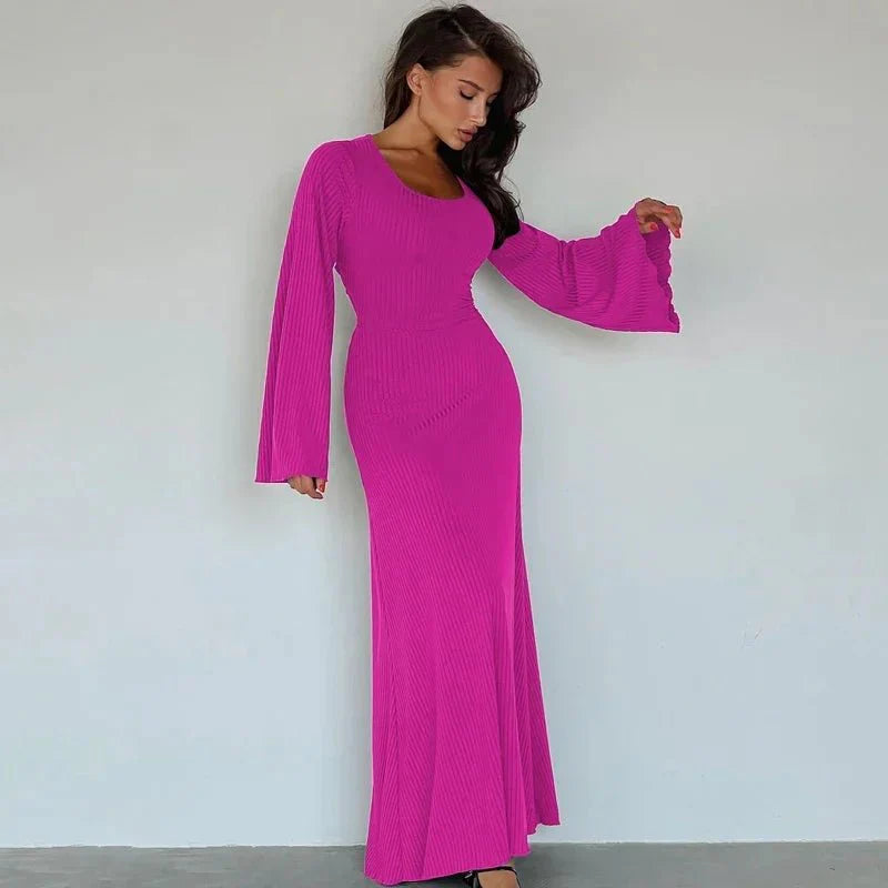String Ribbed Long Sleeve Maxi Dress