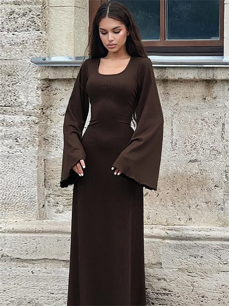 String Ribbed Long Sleeve Maxi Dress