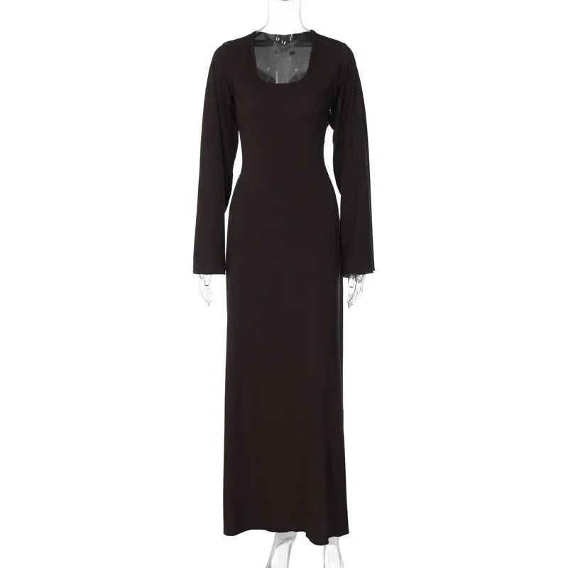 String Ribbed Long Sleeve Maxi Dress
