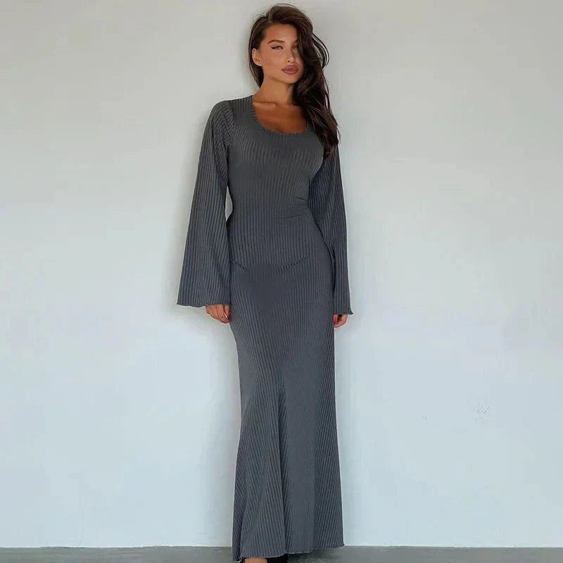 String Ribbed Long Sleeve Maxi Dress