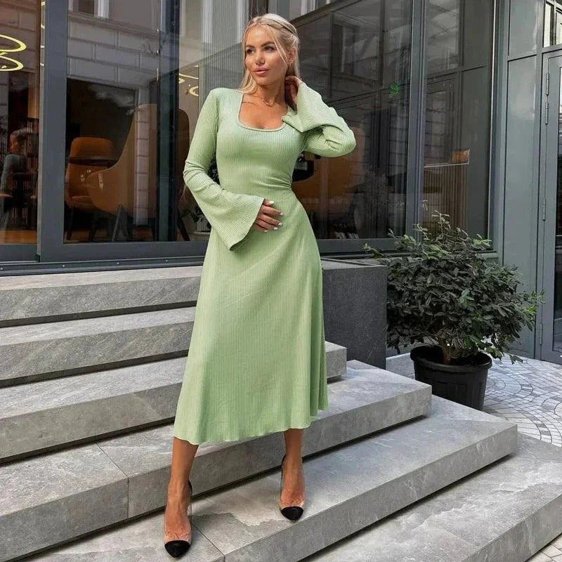 String Ribbed Long Sleeve Maxi Dress