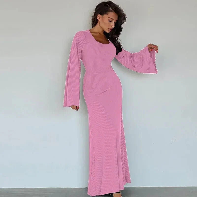 String Ribbed Long Sleeve Maxi Dress