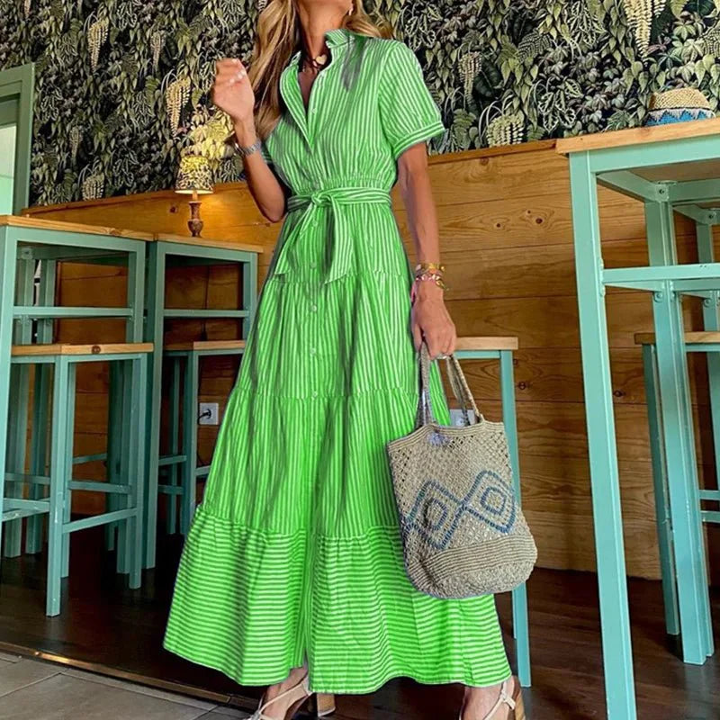 Striped Short Sleeve A-line Maxi Dresses