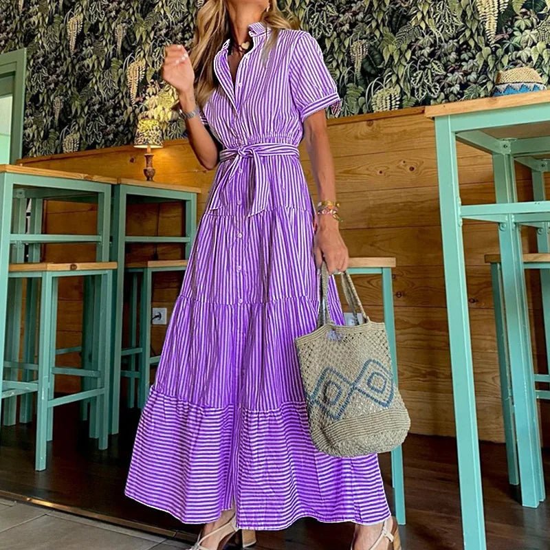 Striped Short Sleeve A-line Maxi Dresses