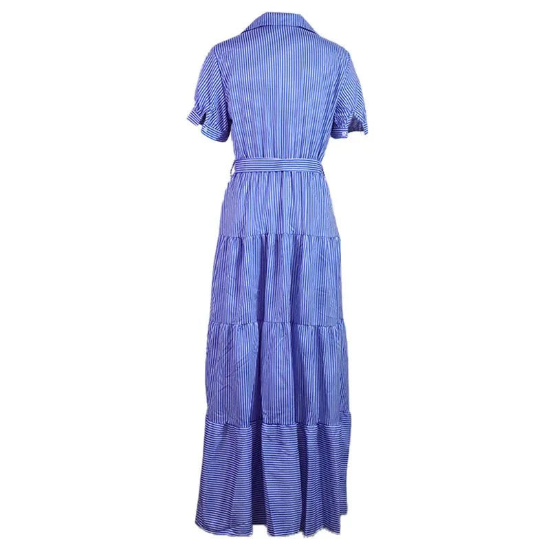 Striped Short Sleeve A-line Maxi Dresses