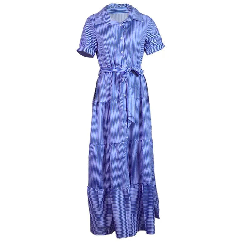 Striped Short Sleeve A-line Maxi Dresses