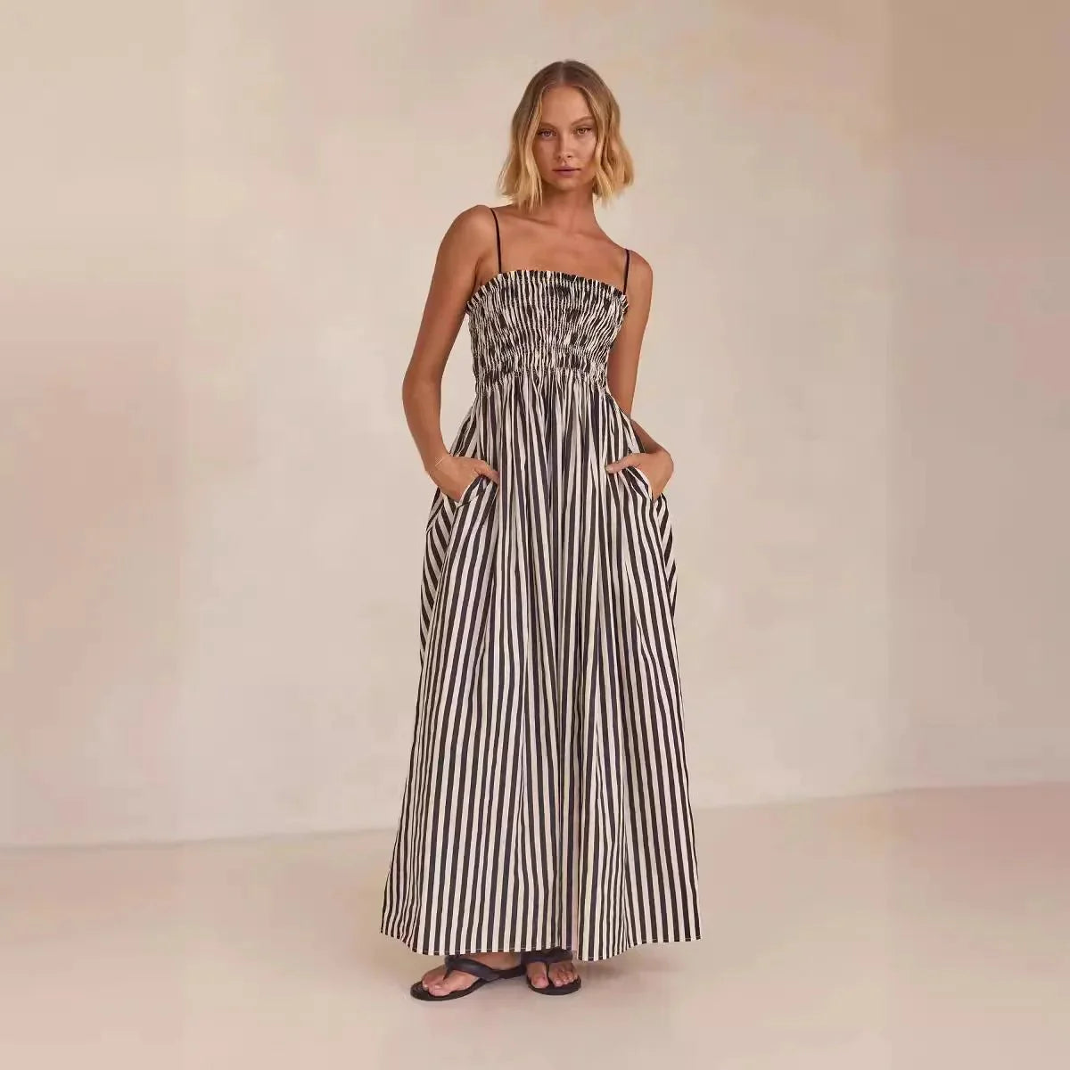 Striped Spaghetti Strap Long Dress