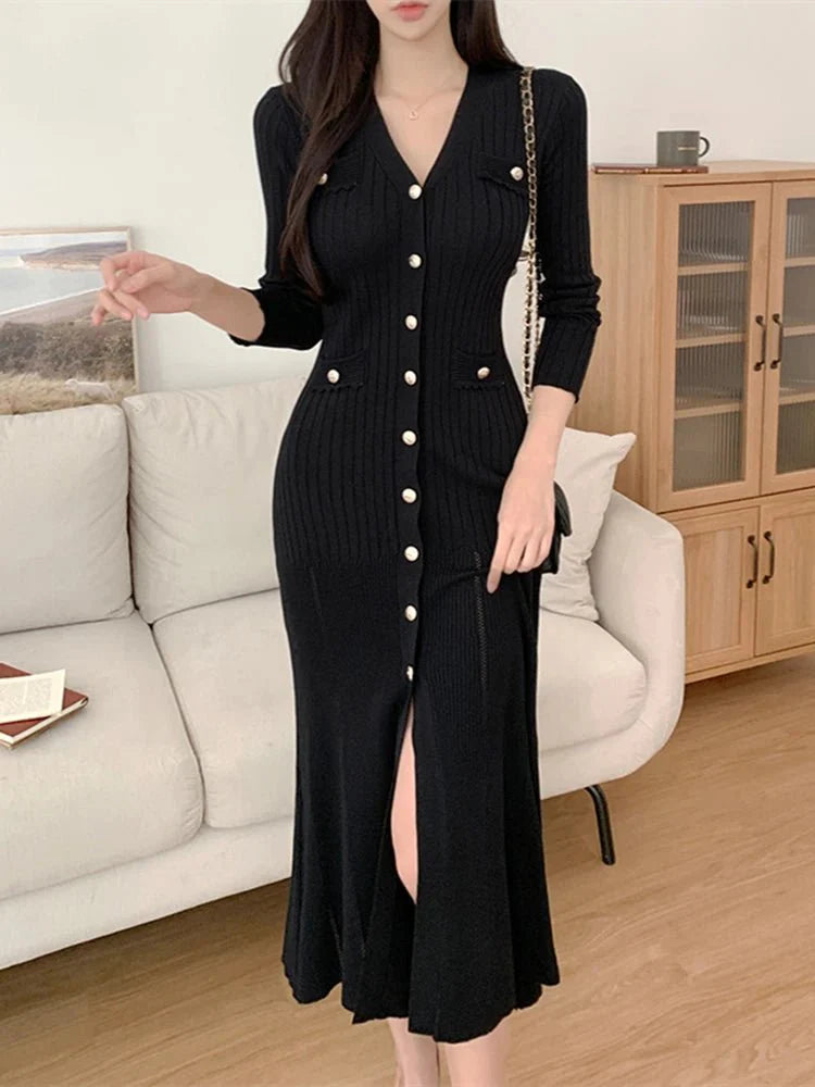Summer Midi Knitted Black Bodycon Dresses