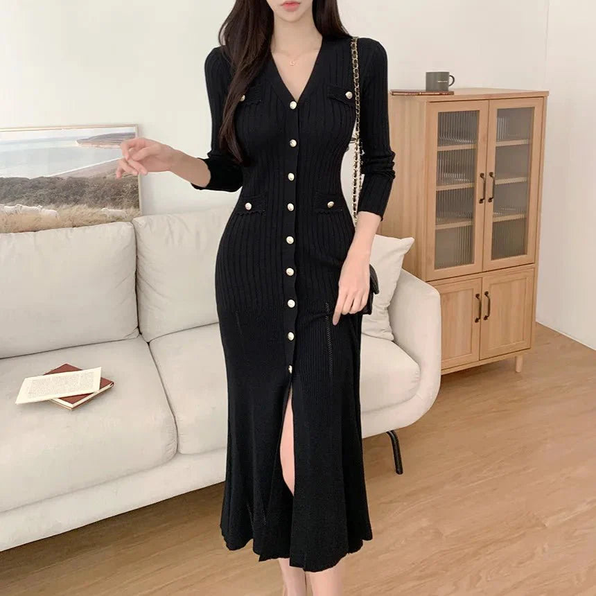 Summer Midi Knitted Black Bodycon Dresses