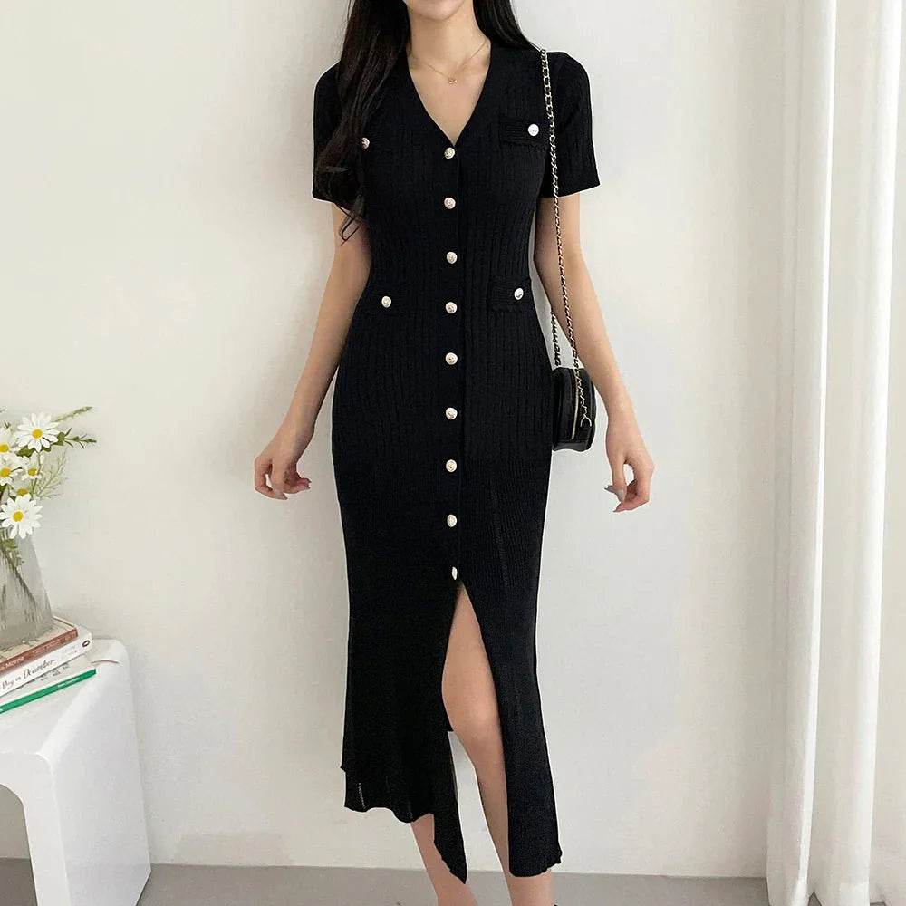 Summer Midi Knitted Black Bodycon Dresses