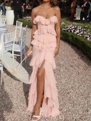 Sweet Pink Strapless Ruffle Dress