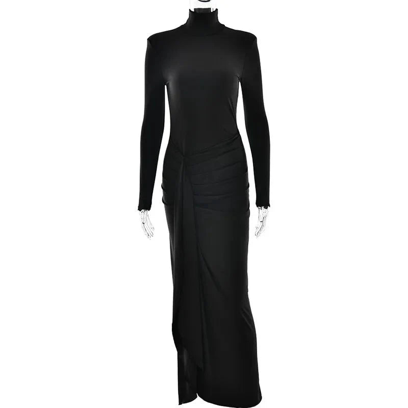 Turtleneck Thigh-Split Bodycon Dress