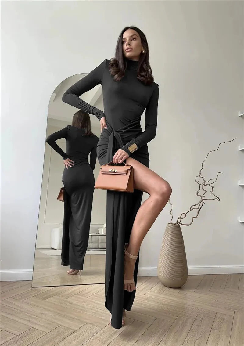 Turtleneck Thigh-Split Bodycon Dress