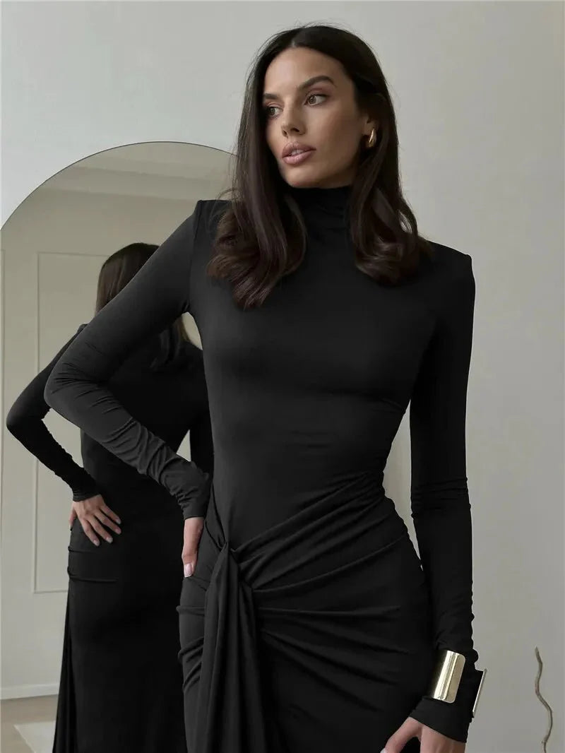 Turtleneck Thigh-Split Bodycon Dress