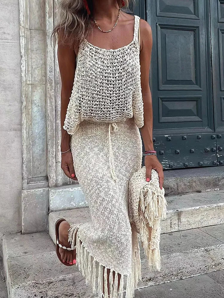 Knitted Tassel Mesh Two-Piece Set