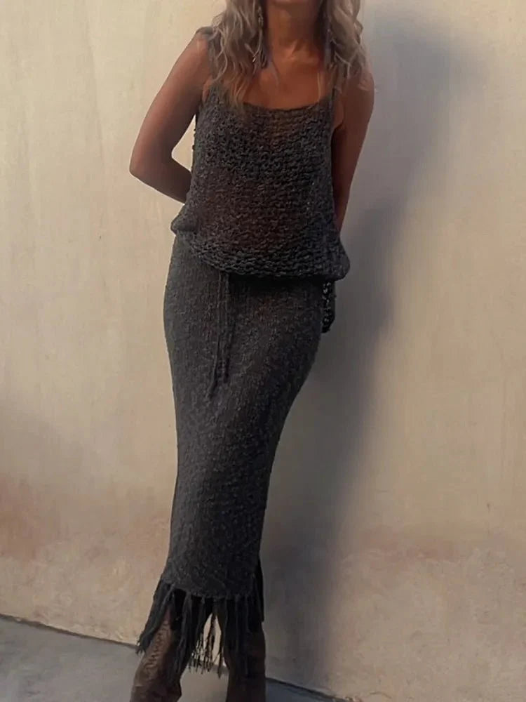 Knitted Tassel Mesh Two-Piece Set