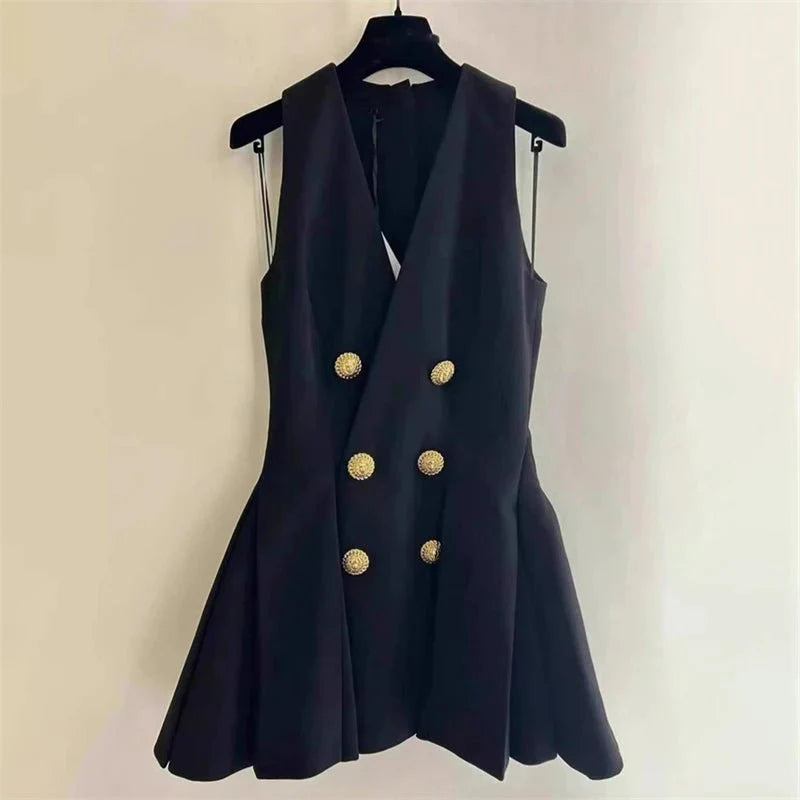 V-Neck Double-Breasted Mini Dress