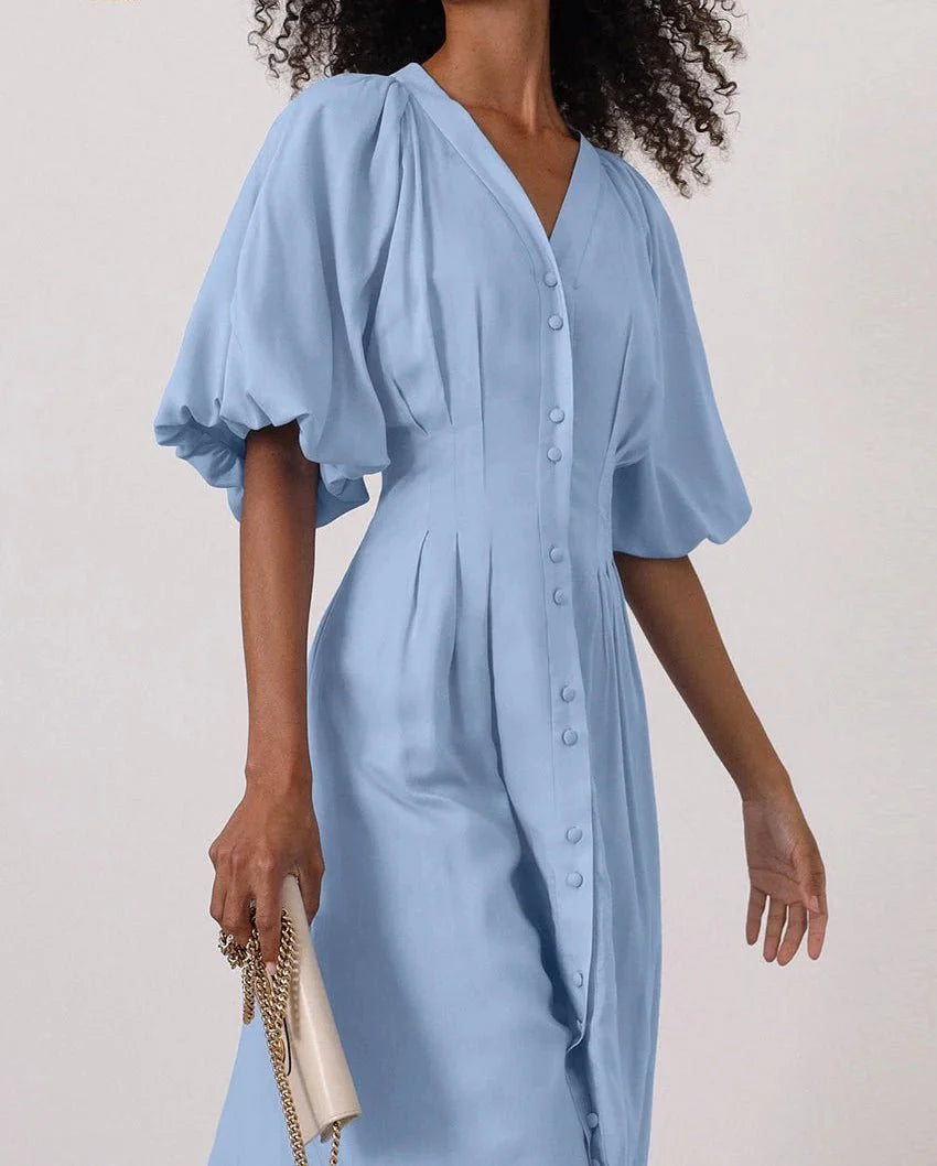 V-Neck Puff Sleeve Midi Dress