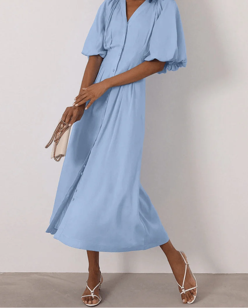 V-Neck Puff Sleeve Midi Dress