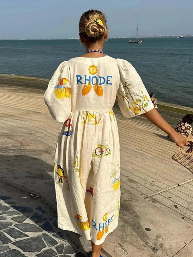 V-Neck Puff Sleeve Printed Midi Dress