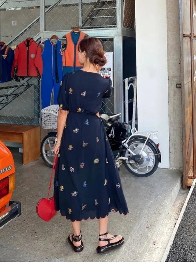 Vintage Long Embroidery Flower Chiffon Dres