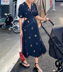 Vintage Long Embroidery Flower Chiffon Dres