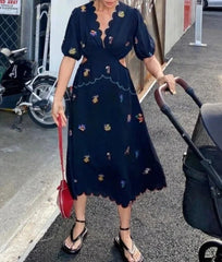 Vintage Long Embroidery Flower Chiffon Dres