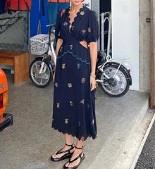 Vintage Long Embroidery Flower Chiffon Dres