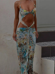 Vintage Print Cut-Out Beach Dress
