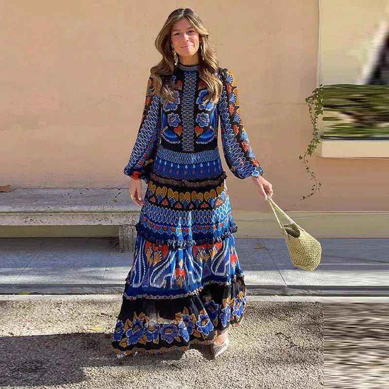 Vintage Print Loose Fit Maxi Dress