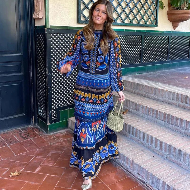 Vintage Print Loose Fit Maxi Dress