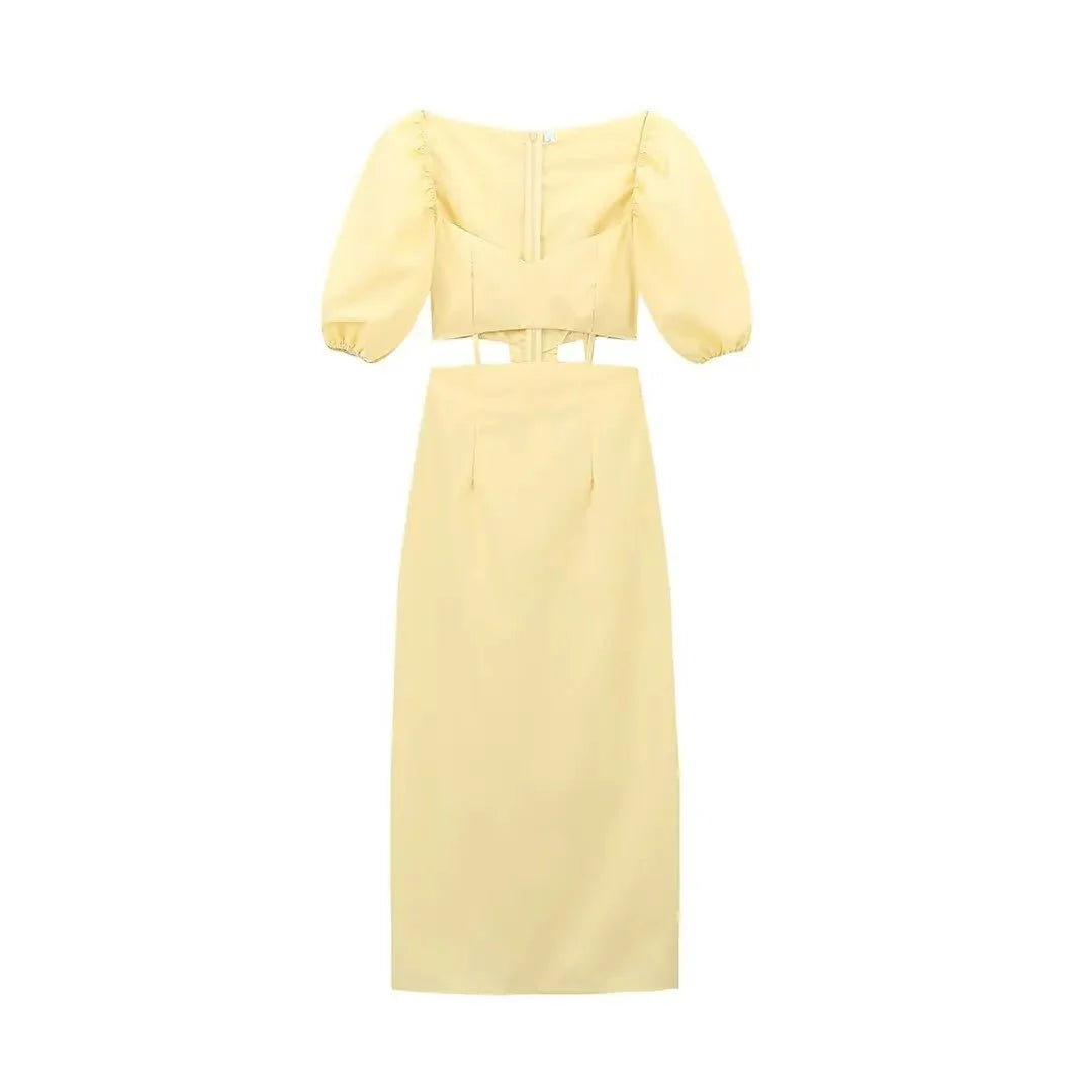 Vintage Yellow Hollow Waist Dress