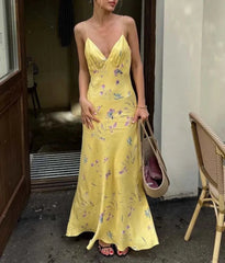 Yellow Print Elegant Spaghetti Strap Dress