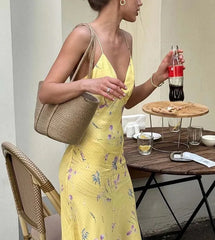 Yellow Print Spaghetti Strap Elegan Dress