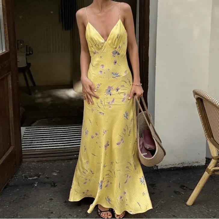 Yellow Print Spaghetti Strap Elegan Dress