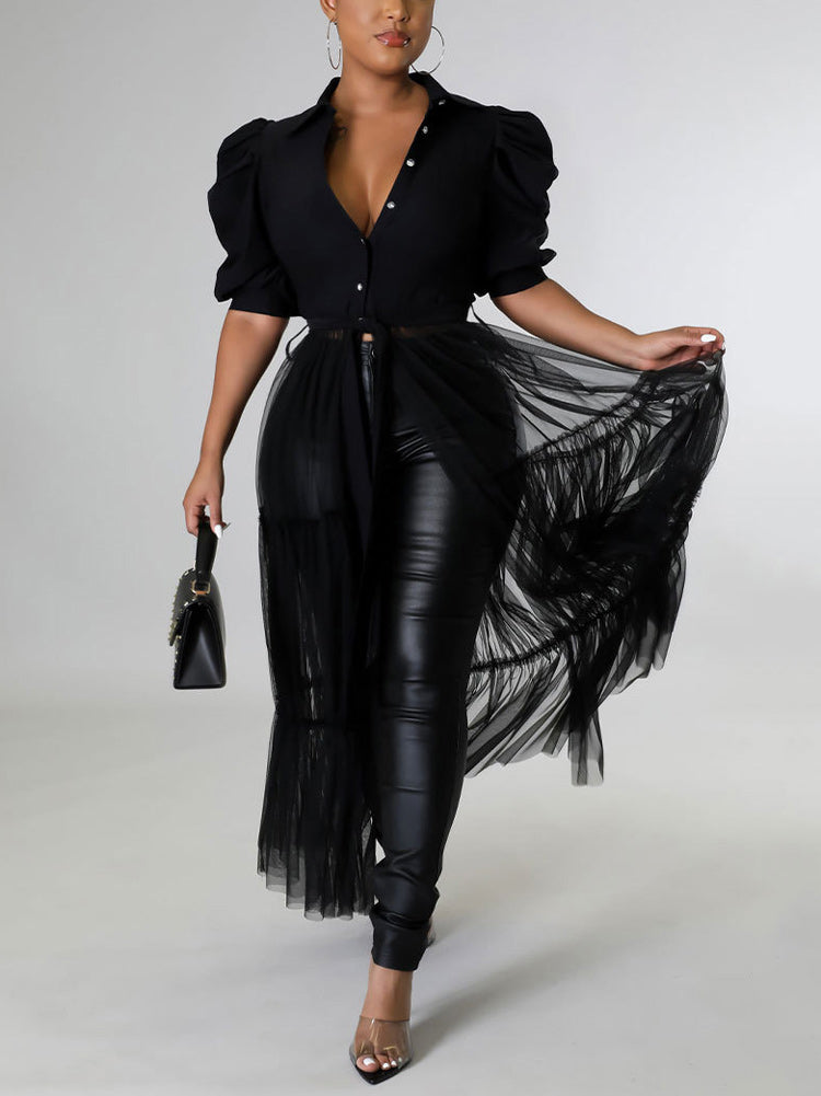 Long Sleeve Mesh Shirt Dresses with Belt