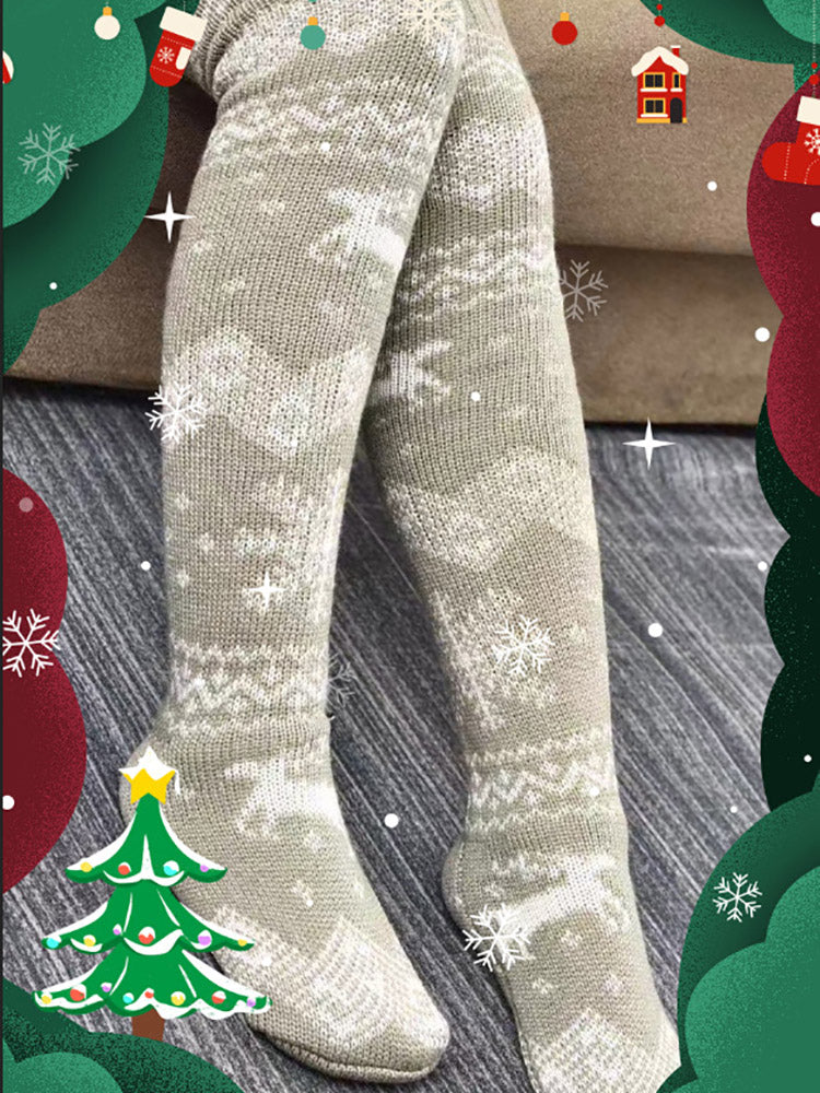 Christmas Elk Snowflake Print Pom Socks