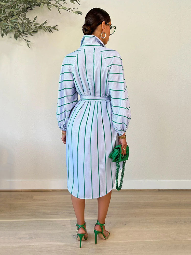 Striped Print Shirt Dresses With Belt