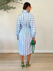 Striped Print Shirt Dresses With Belt